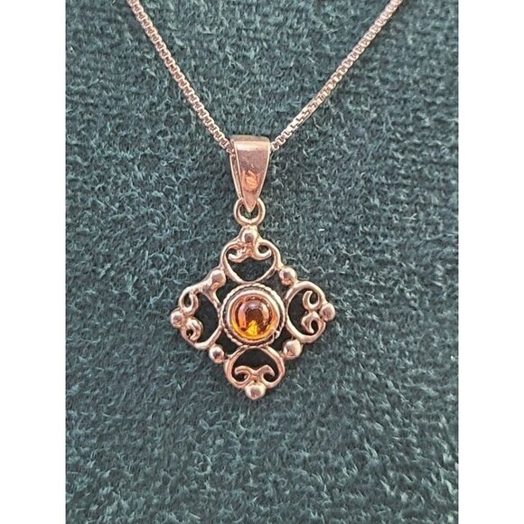 Sterling Silver Amber Pendant Necklace 18" Ornate Scrollwork 925 Vintage Artisan - Picture 1 of 8